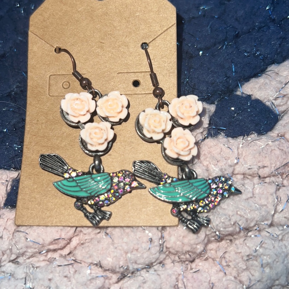 Rhinestone Bird and Rose Earrings • handcrafted • peach roses • jewelry